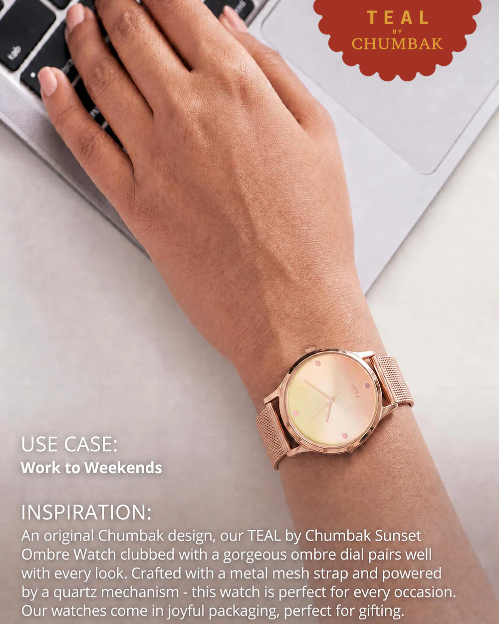 TEAL by Chumbak Sunset Ombre Watch, Metal Mesh Strap - Image 4