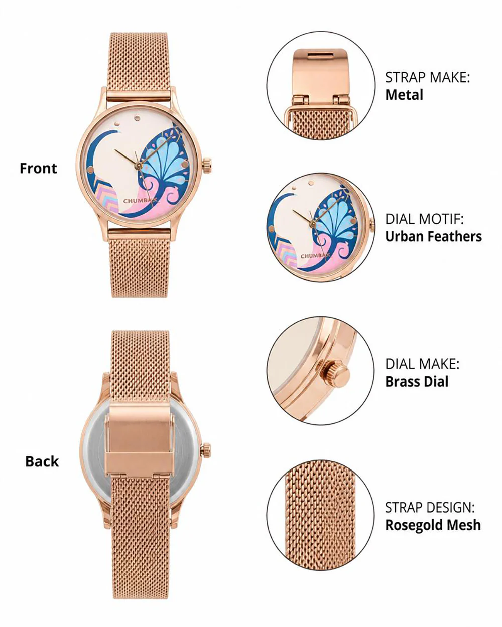 Teal By Chumbak |  Urban feathers Watch - Metal Mesh Strap - Image 3