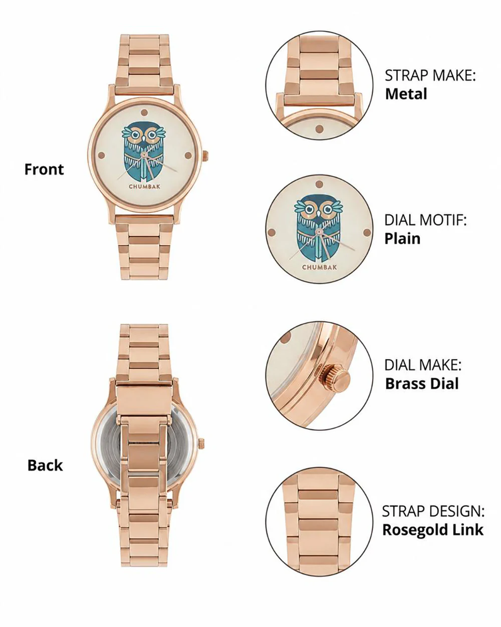 TEAL by Chumbak Vintage Owl Watch, Metal link Strap - Image 3