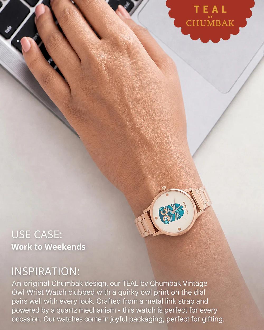 TEAL by Chumbak Vintage Owl Watch, Metal link Strap - Image 4