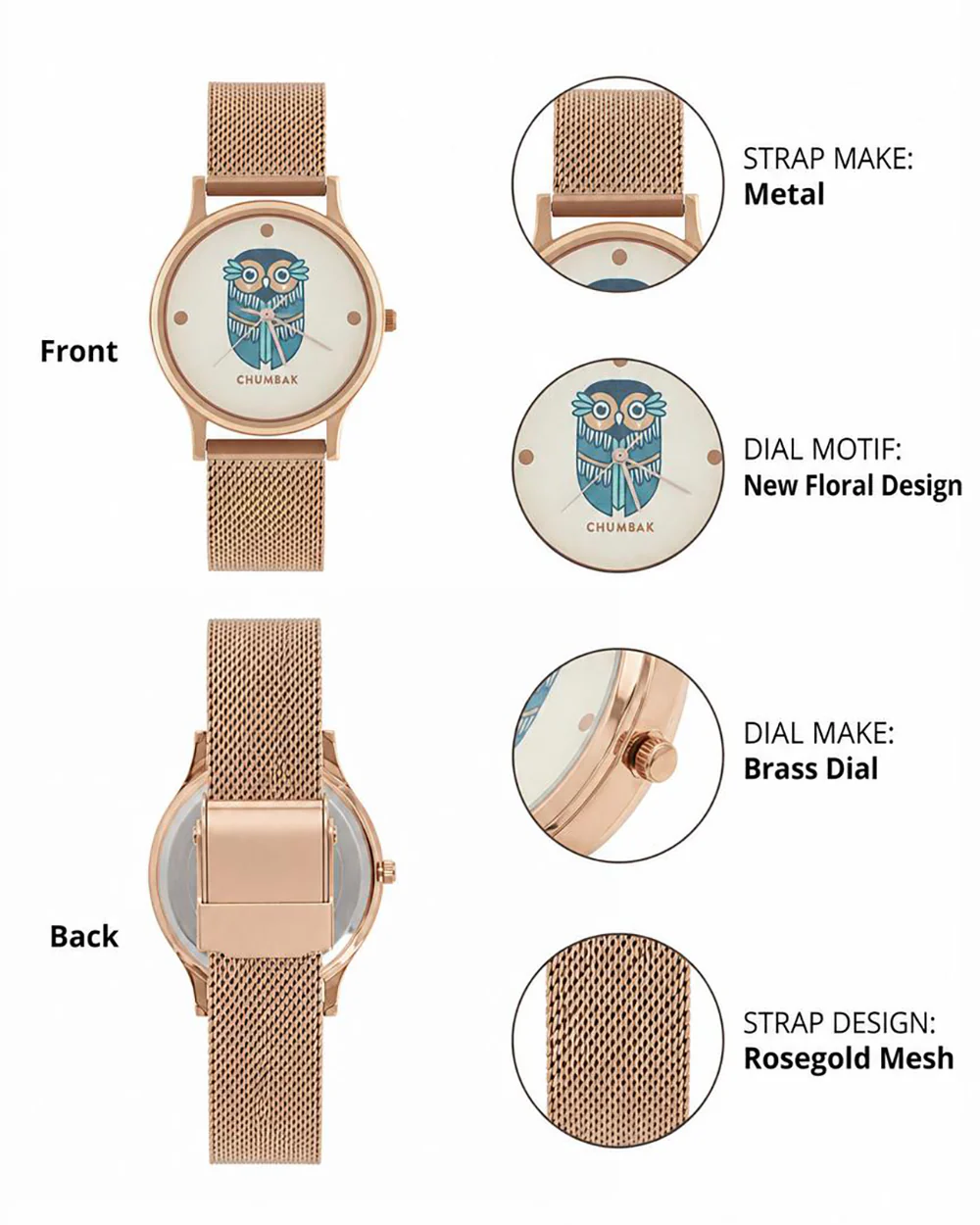 TEAL by Chumbak Vintage Owl Watch, Metal Mesh Strap - Image 3