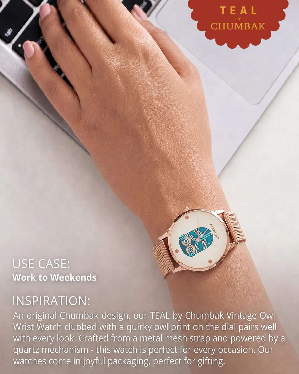 TEAL by Chumbak Vintage Owl Watch, Metal Mesh Strap - Image 4