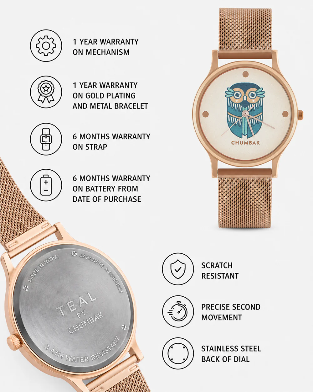TEAL by Chumbak Vintage Owl Watch, Metal Mesh Strap - Image 6